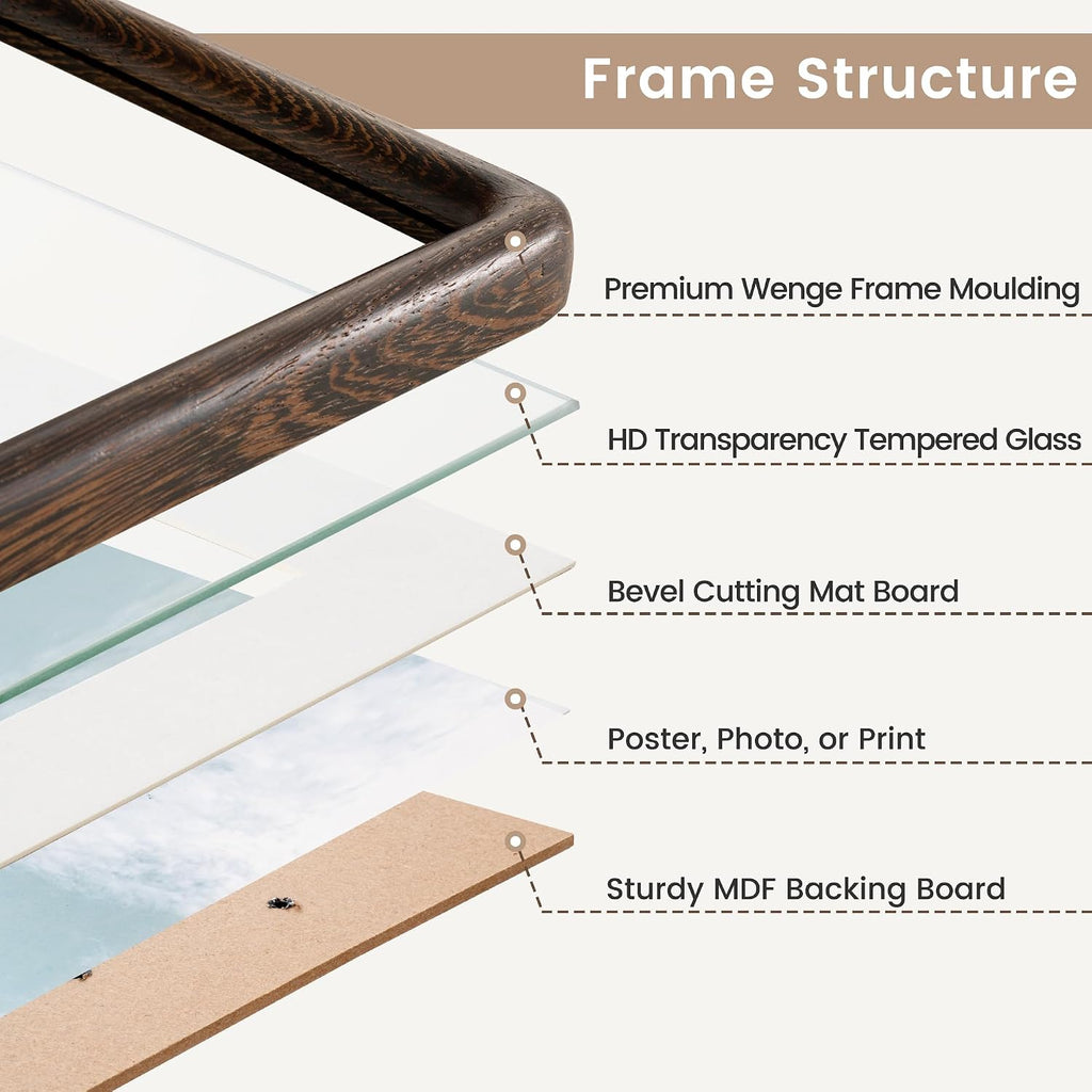 11x14 Picture Frame, Natural Solid Wenge Wood Photo Collage Frame with HD Tempered Glass, Rounded Corner Wooden Frame