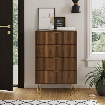 4 Drawer Dresser, Drawer Chest, Tall Storage Dresser Chest Cabinet Organizer Unit with Gold Metal Legs, Nightstand