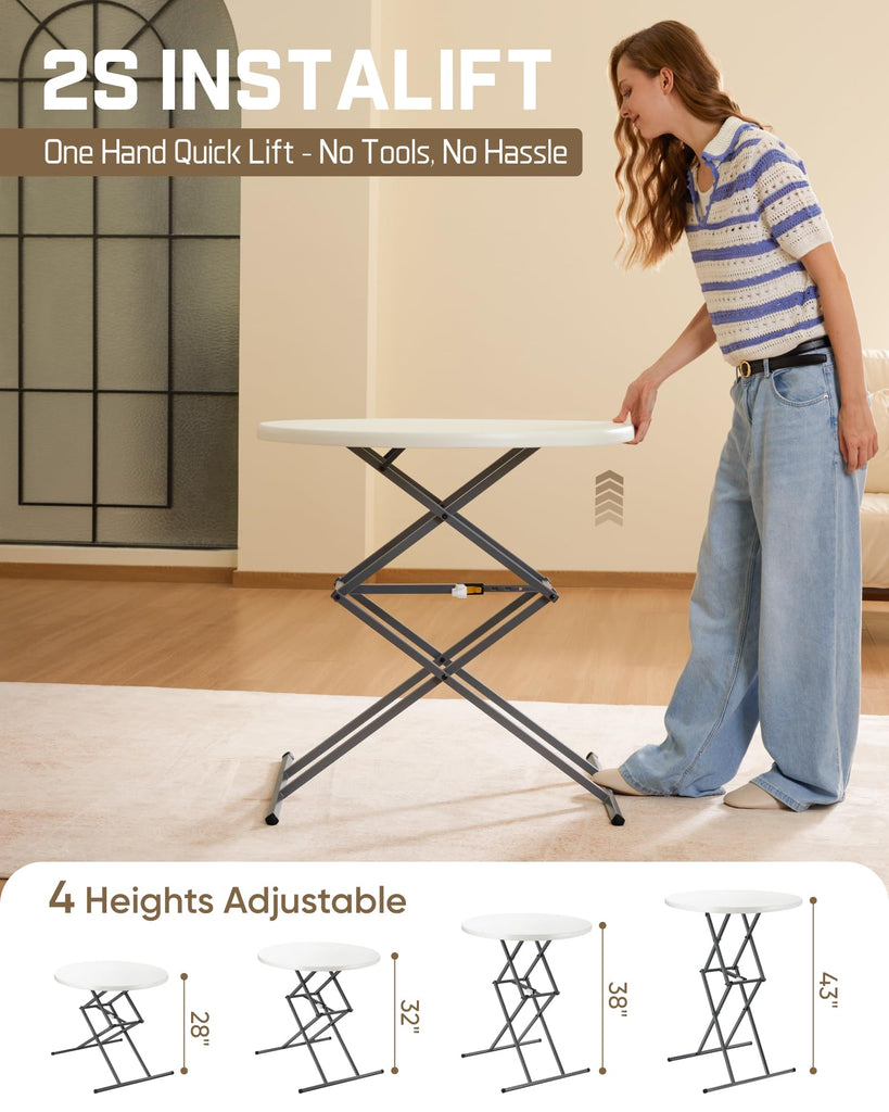Folding Table Round 32" Quick Adjust 4 Heights Party, Patio