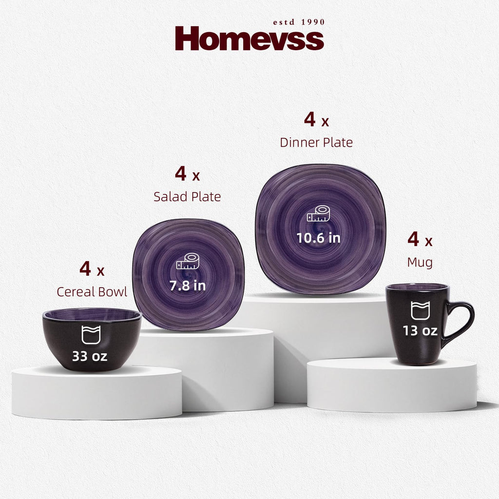16-Piece Square Dinnerware Set - Serves 4, Inside Spinwash Swirl Purple + Outside Black Plates & Bowls Set