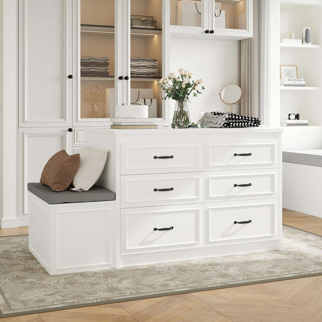 Armoire Bedroom Wardrobe Closet Island with 12 Drawers & Flip Door, Walk in Closet Island with Storage Bench, Islands