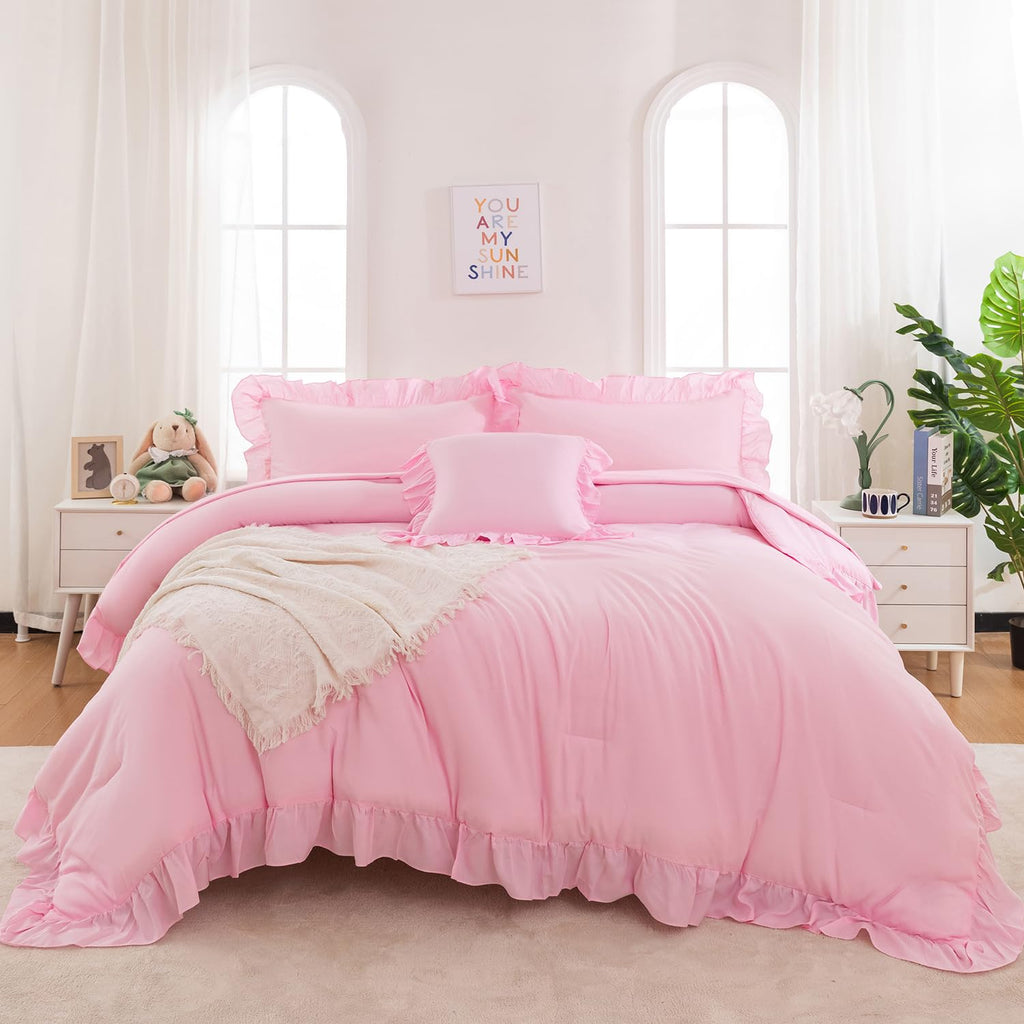 Pink Ruffle Bed in A Bag King Size 6 Pieces Farmhouse Comforter Set with Sheets Solid Boho Chic Bedding Set for Girls
