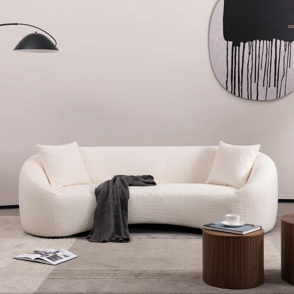 Curved Sofa Couch, 93", Chenille, Modern, White Boucle