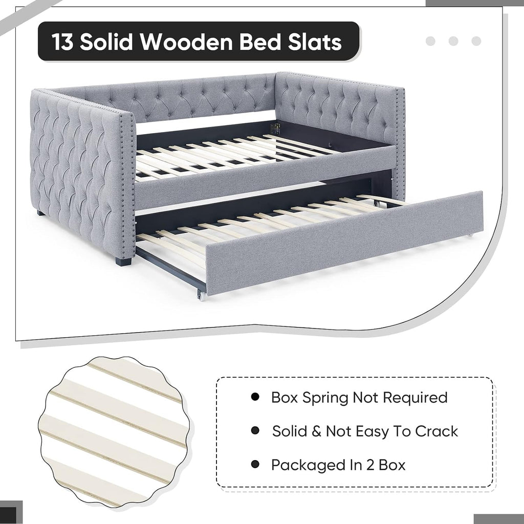 Daybed with Trundle, Modern Upholstered Full Size Day Bed Button-Tufted Sofa Daybed Frame with A Roll-Out Trundle, No