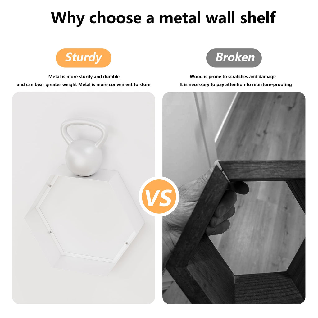 Hexagon Floating Shelves Set of 6, White Metal Wall Mounted Shelves