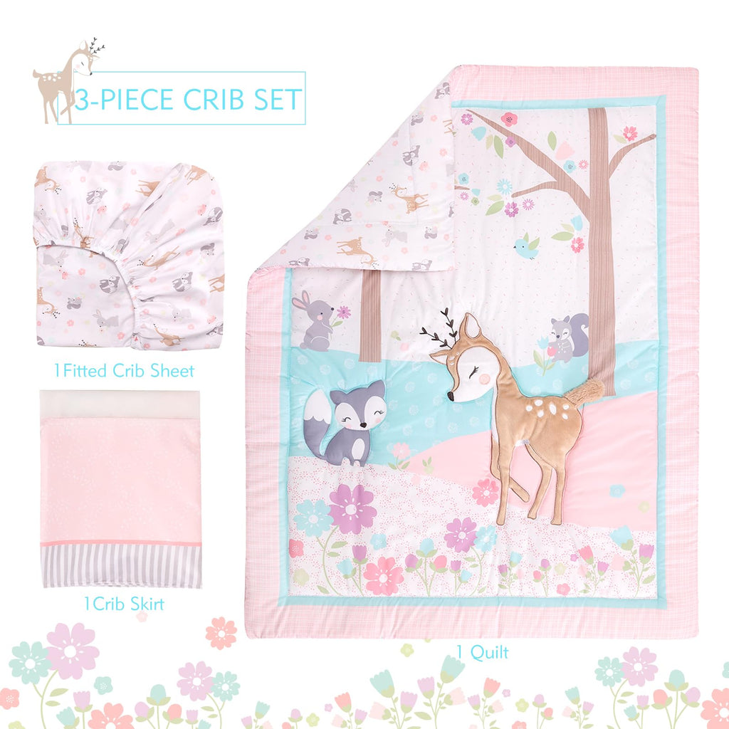 Crib Bedding Set for Girl 3 Piece Woodland Baby Girl Crib Bedding Set