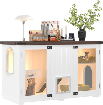 Farmhouse Cat Litter Box Enclosure with Stairs and Scratching Post, 47" Dual-Acrylic Door Cats House with LED Light