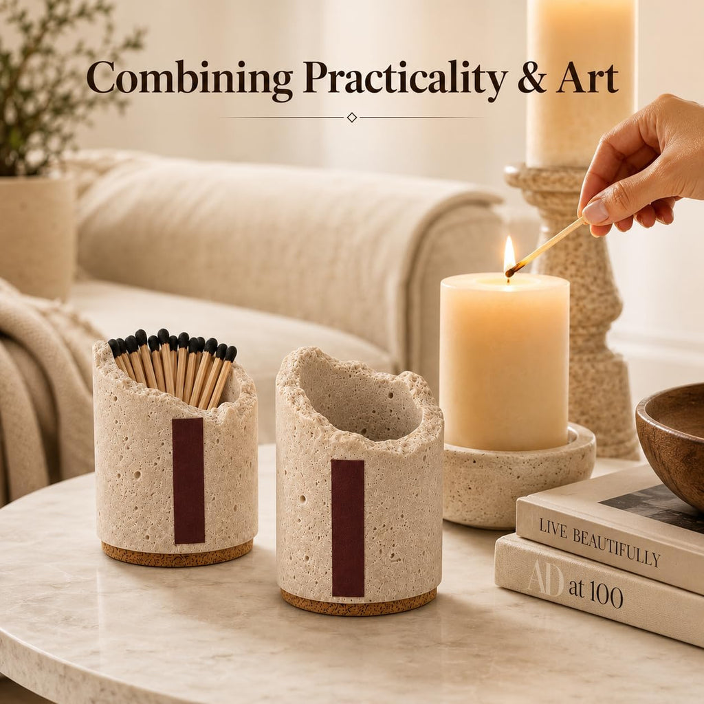 Match Holder with Striker: Travertine Decorative Match Holder - Set of 2
