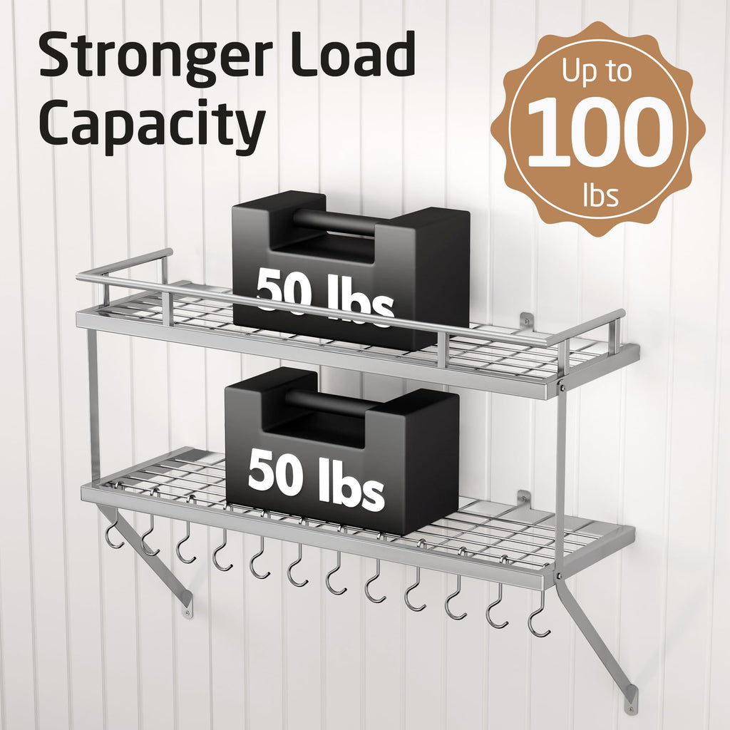 Silver Gray Pot Rack Wall Mounted, 100 Lbs Capacity
