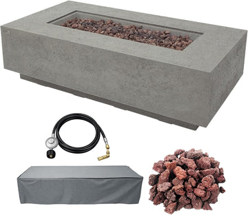 AMS 60" Rectangular Concrete GFRC Propane Gas Fire Pit Table (Light Gray) | (Madison) Limestone Texture Fire Pit