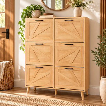 6 Flip Drawer Shoe Cabinet, Slim Entryway Storage, Natural Oak