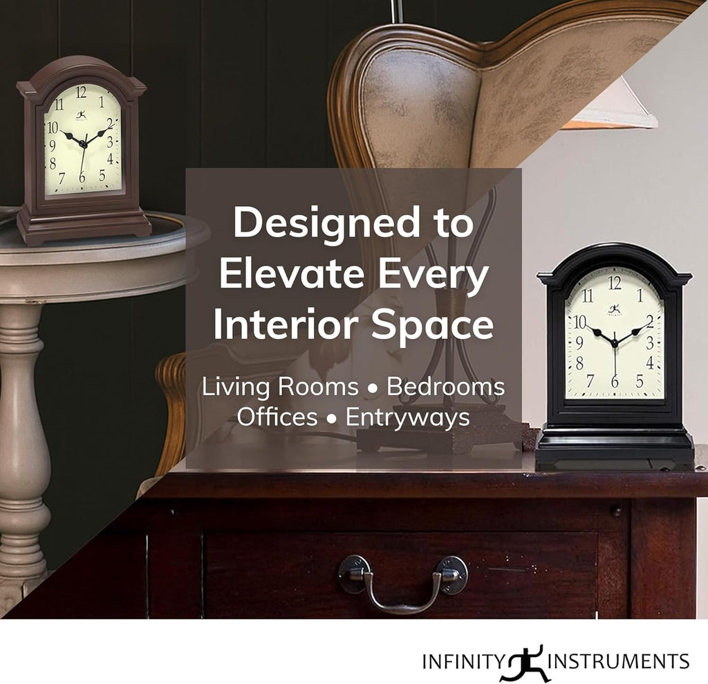 Infinity Instruments Miniature Grandfather Clock for Mantle, Vintage Tabletop Clock with Antique Design, 9"x6", Black