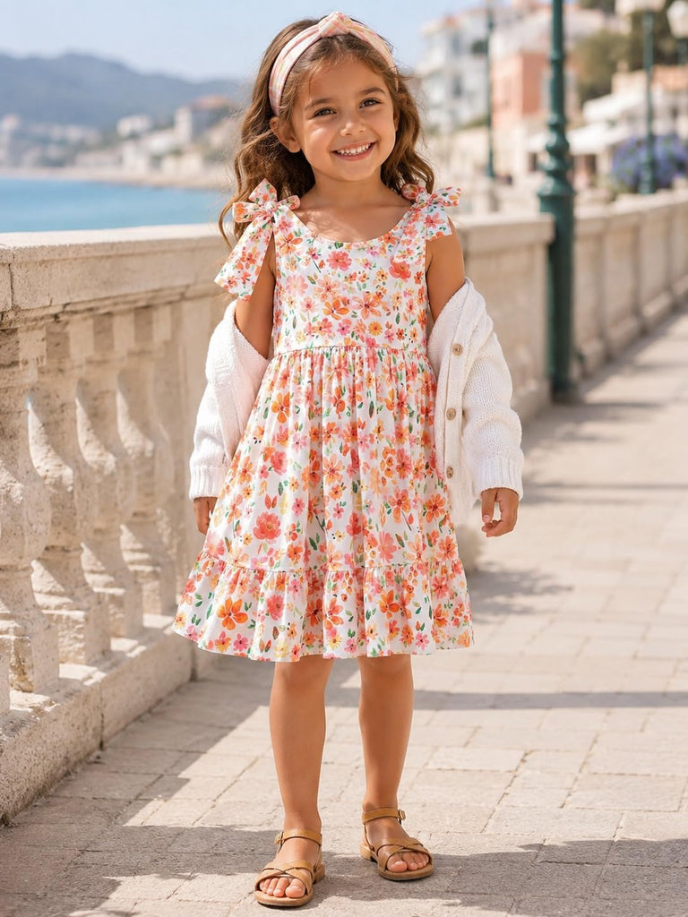 Toddler Girls Summer Dress Bow-Tie Straps V Neck Party Dresses Cute Floral Printed Sleeveless Beach Sundress