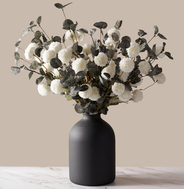 10 Kiku Artificial Flowers + 5 Large Eucalyptus Branches, Silk Fake White Flowers Pompon Mums (Ball Flower Stems)