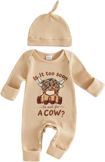 Newborn Highland Cow Romper Hat Set Ribbed Long Sleeve Baby Outfit