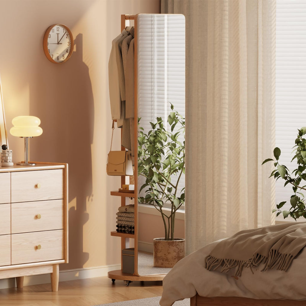 Solid Wood Full Length Mirror Coat Rack, 70" x 20" Oversize Standing Mirror Full Length with Brake Wheels, Floor