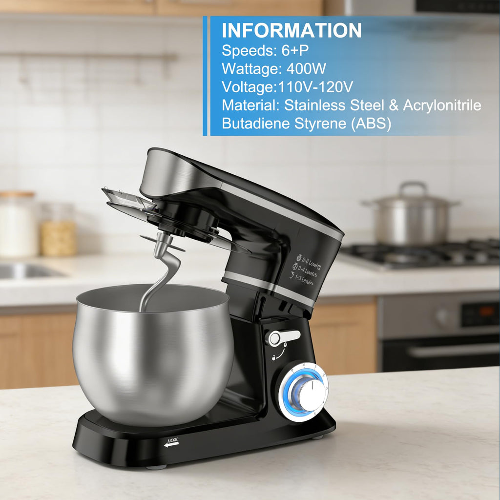 Electric Stand Mixer, Kitchen Mixer 6.5-Quart Tilt-Head, 6 Speeds with Dough Hook, Whisk, Beater, and Splash Guard