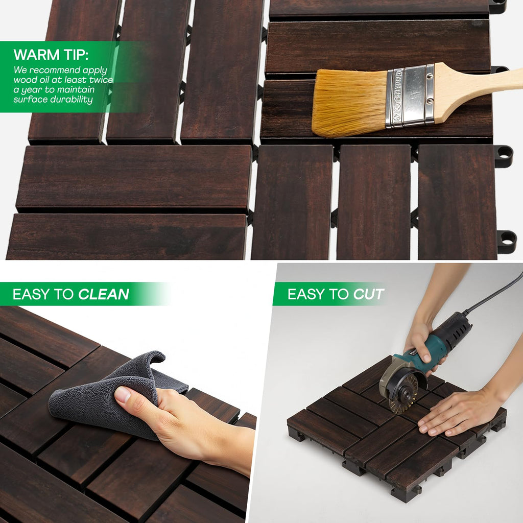 Interlocking Deck Tiles 9.6 SQFT - 10PCS Waterproof Acacia Wood Patio Tiles, Flooring Tiles for Indoor and Outdoor