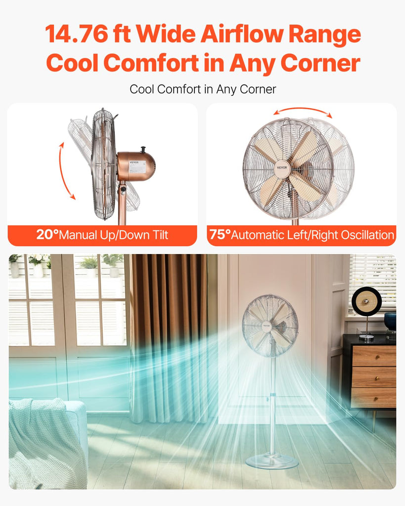 Industrial Pedestal Fan, 16 Inch 75-Degree Oscillating Fan, Height Adjustable Standing Fans with 3 Adjustable Speeds