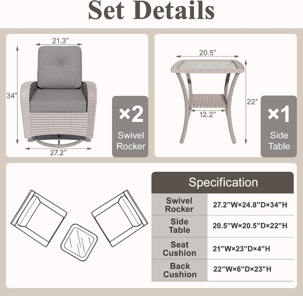 Patio Wicker Chairs Swivel Rocker, Outdoor Swivel Glider Rocker Chairs with Rattan Side Table, All Weather