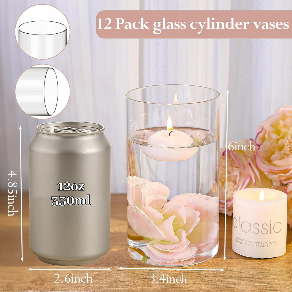 12pcs Glass Cylinder Vases for Centerpieces, 6 Inch Clear Flower Vases for Wedding Decorations and Indoor Home Decor