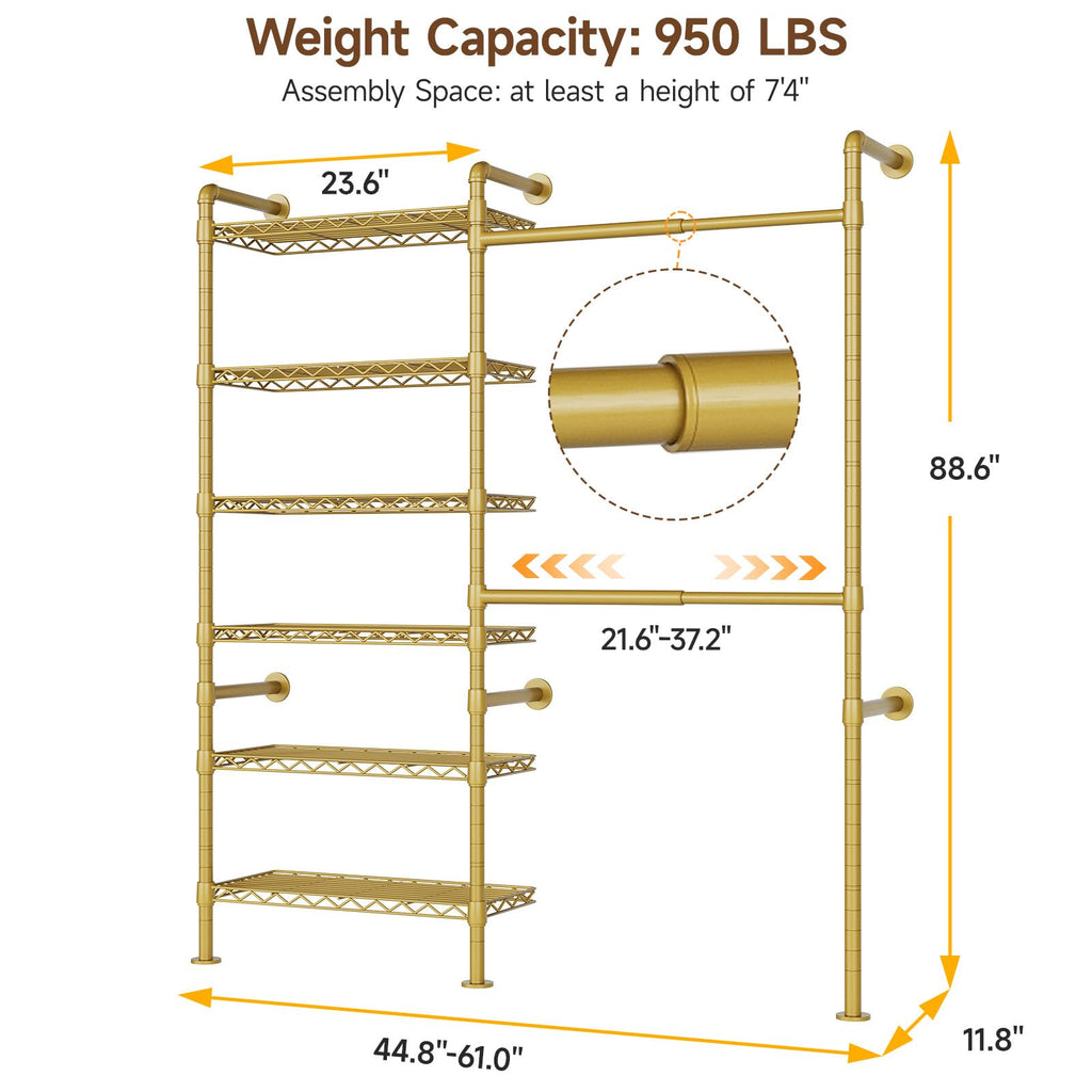 H2 Wall Mounted Clothes Rack, Expandable Metal Closet System(Gold)