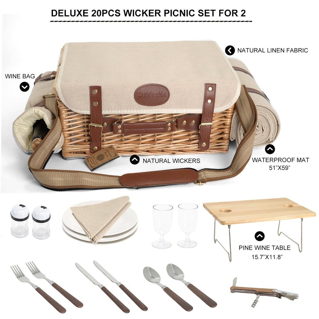 Multifunctional Wicker Picnic Basket Set for 2 with Blanket and Picnic Table, Insulated Picnic Set with Full