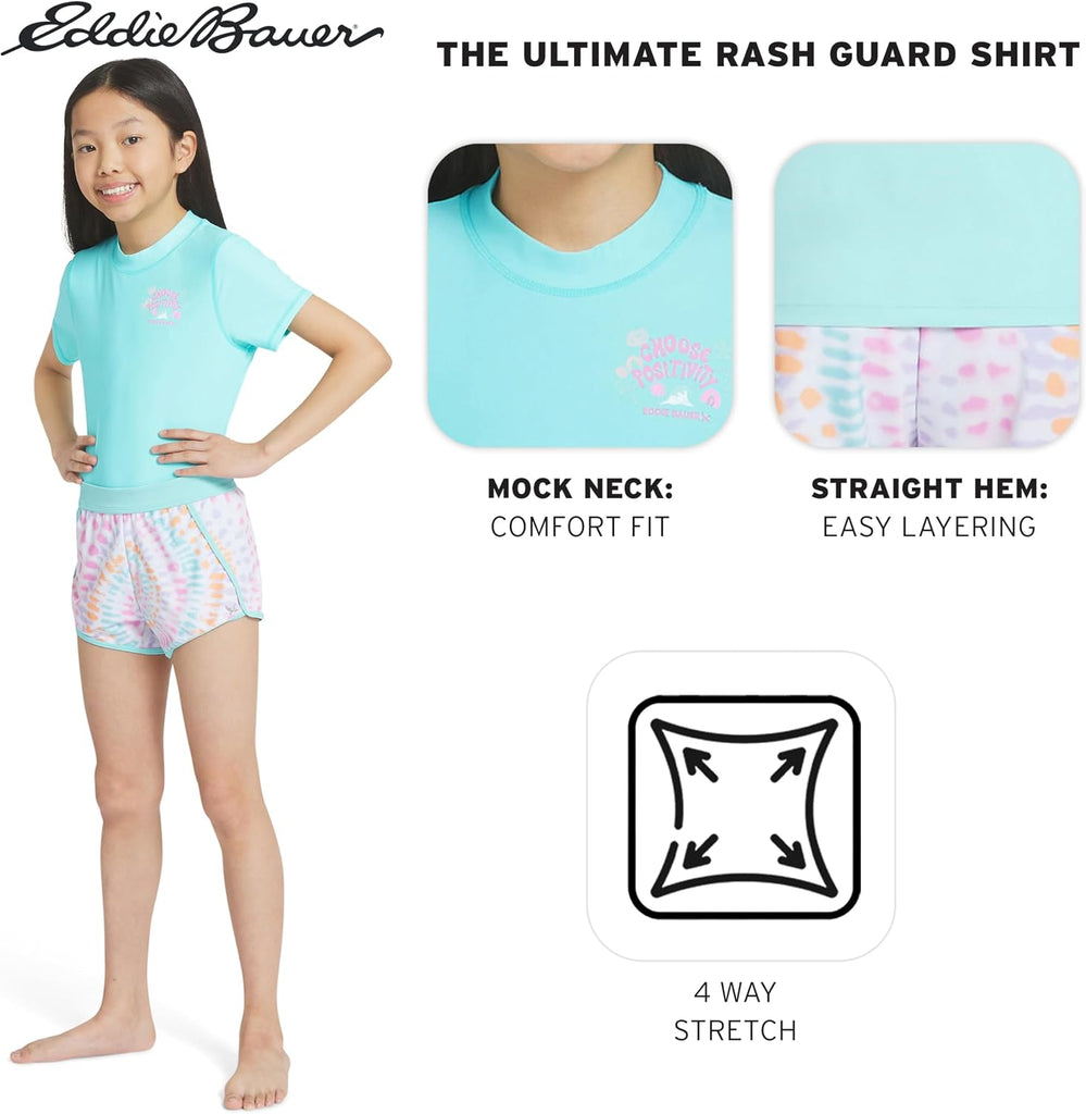 Girls' UPF 50+ Rash Guard Sun Tee Shirt and Swim Short Set