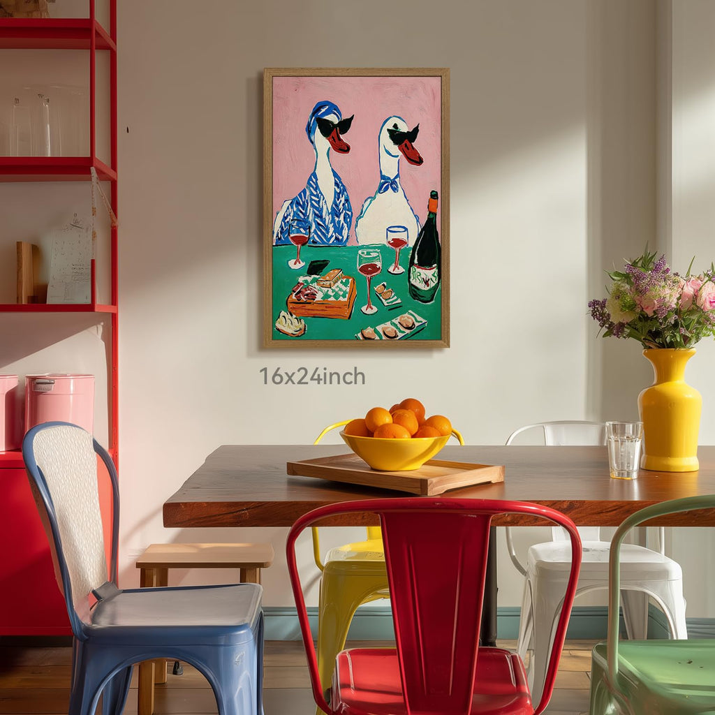 Funny Duck Wine Wall Art, Whimsical Animal Wall Decor, Cute Ducks Drinking Wine Poster Print, Colorful Modern Kitchen