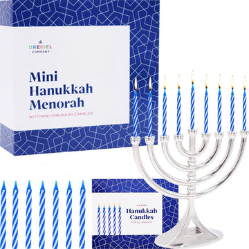 Hanukkah Silver Mini with Candles Classic 5 inch Great for Travel, Hanukkah Decor Centerpiece