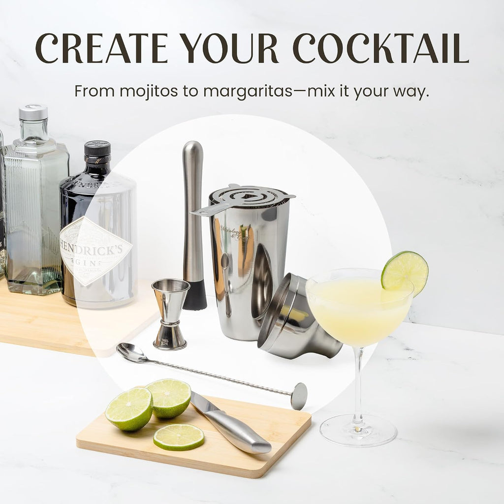 Mixology Cocktail Shaker Set - 10-Piece Cocktail Making Set - Home Bartender Kit in Bamboo Stand with Spoon, Boston - Set of 10