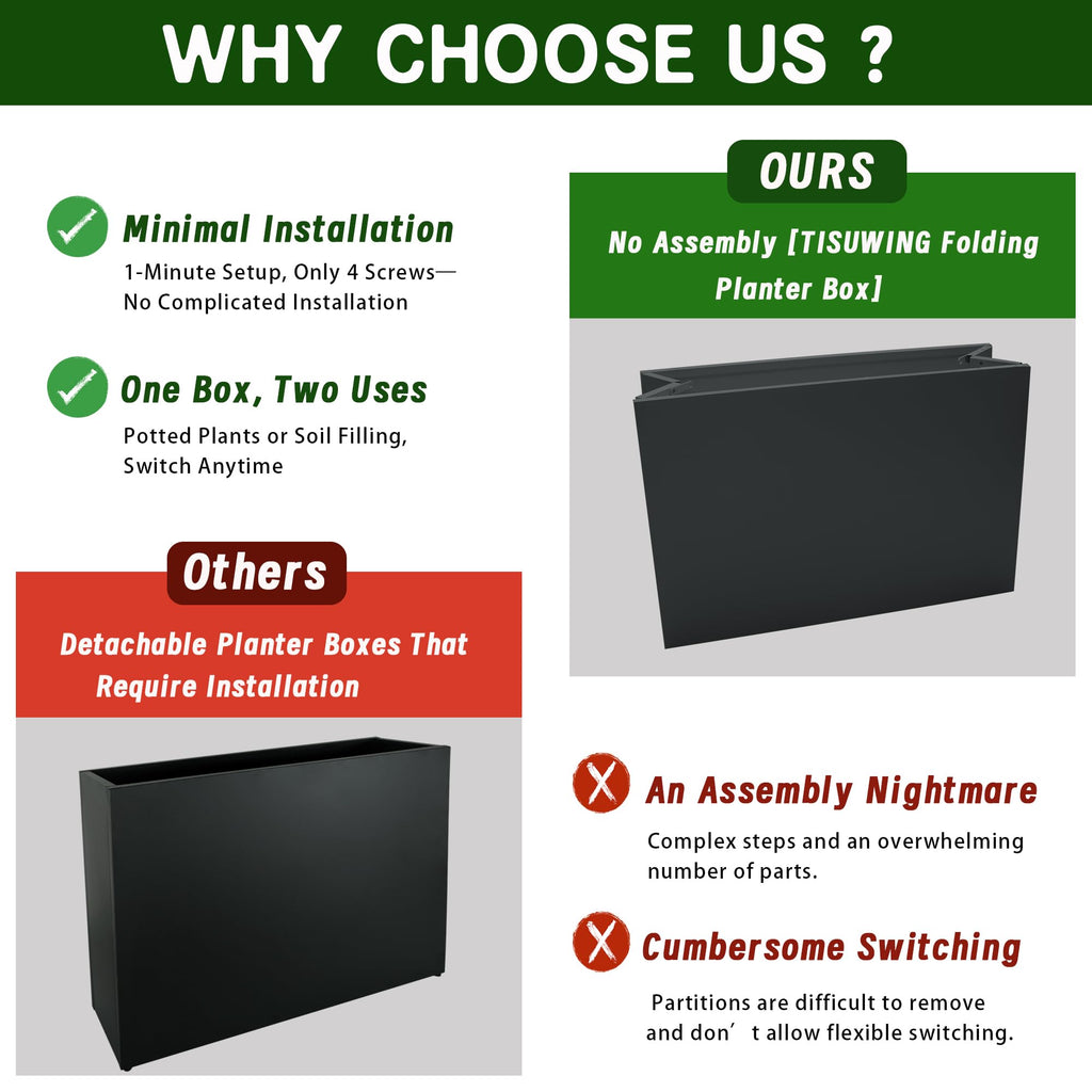Metal Planter Box, No Installation Galvanized Steel Folding Rectangular Planter with Drainage Holes, 35.5"x 10"x 28"