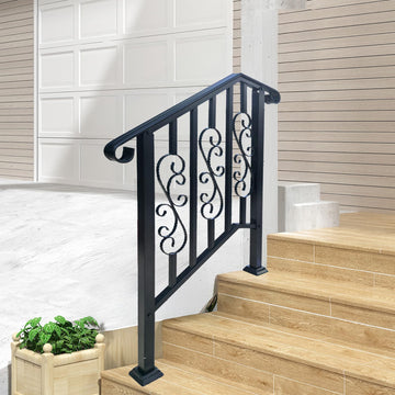 Outdoor Stair Railing Black Wrought Iron Handrail for 2 to 3 Steps