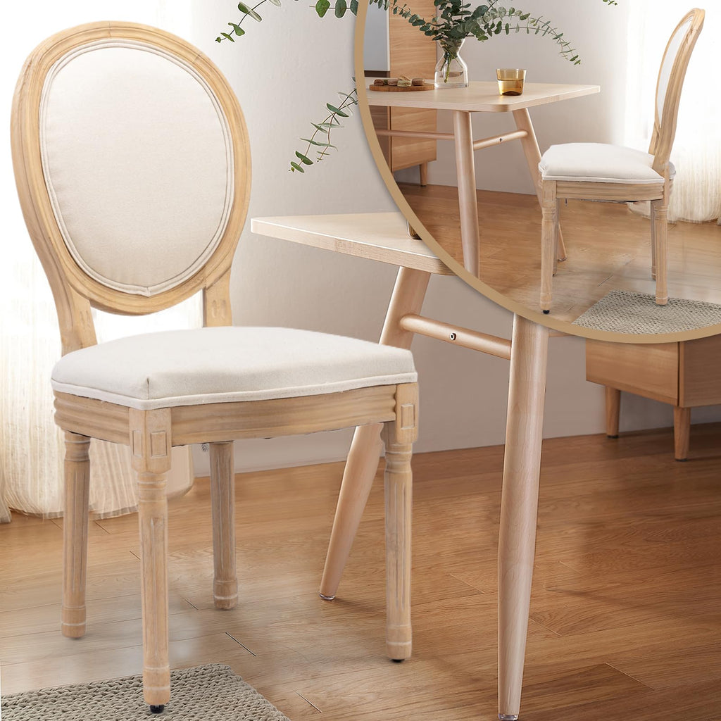 French Country Dining Chairs, Beige Linen, Set of 6