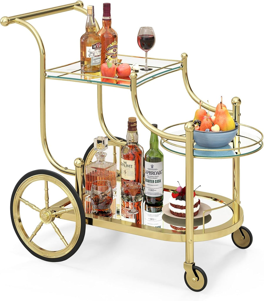 Glass Rolling Bar Cart, 3-Tier Mirrored Serving Bistro Cart with Wheels and Metal Rails, Mobile Wine Drink Cart