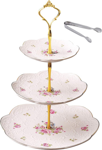 Embossed 3-tier Ceramic Cake Stand- Cupcake Stand with Golden Rim