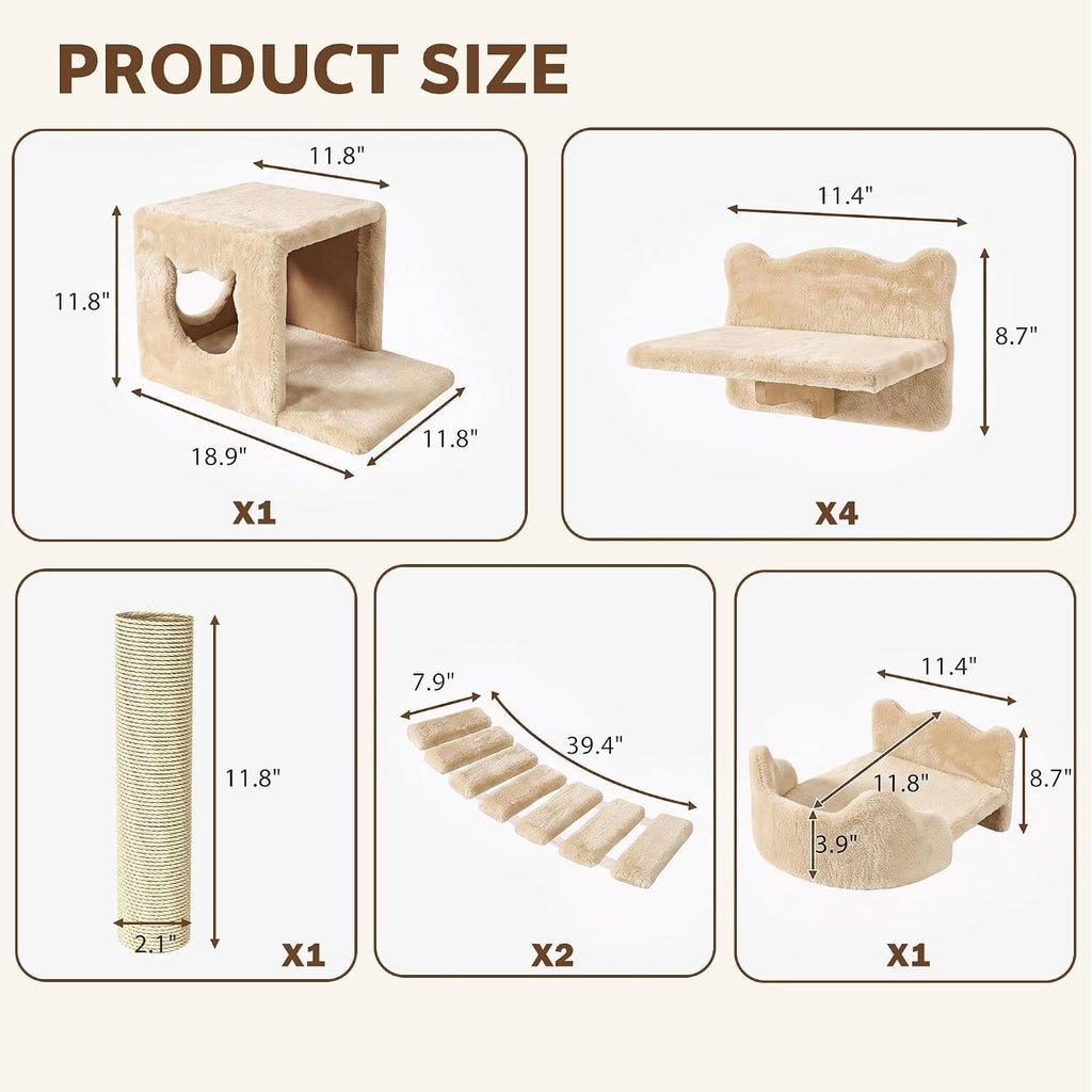 9-in-1 Cat Wall Shelves, Cat Wall Furniture Set with Bridge, Beige
