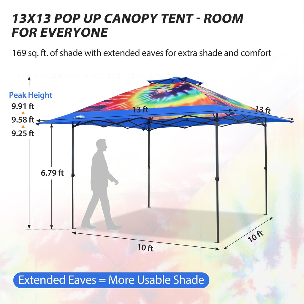 13x13 Pop Up Canopy Tent, Auto Extended Eaves, Cosmic Tie Dye