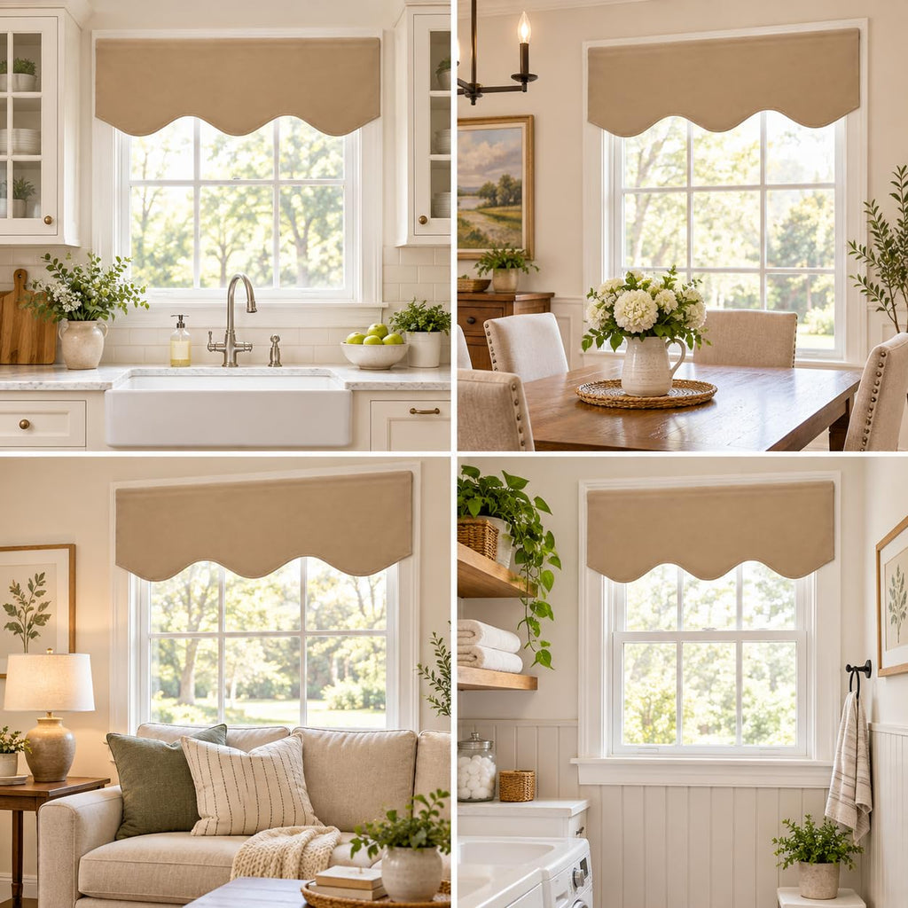 Valances Bedroom Windows Set of 2, Rod Pocket Scalloped Window Treatment Decorative Curtains Valences 18" L x 52" W