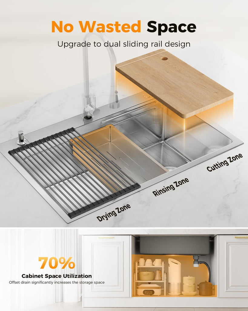 30X22 Drop In, 304 Stainless Steel Workstation Sink