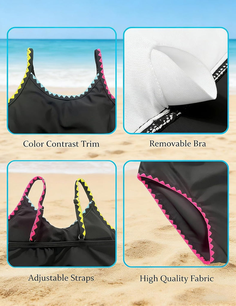 Girls Tankini Swimsuits Two Piece Bathing Suit Colorful Contrast Trim Swimwear Padded Swimsuits for Teens