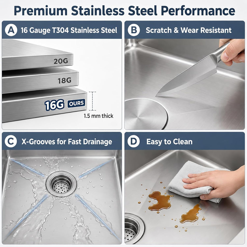 Double Undermount Kitchen Sinks 32 Inch, 16 Guage T304 Stainless Steel Sink | 32" x 18" x 10" Deep Large Workstation
