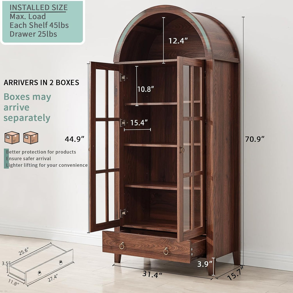 71" Tall Arched Cabinet Bookshelf with Glass Door & Storage Drawer | Modern Farmhouse Display Cabinet,Adjustable