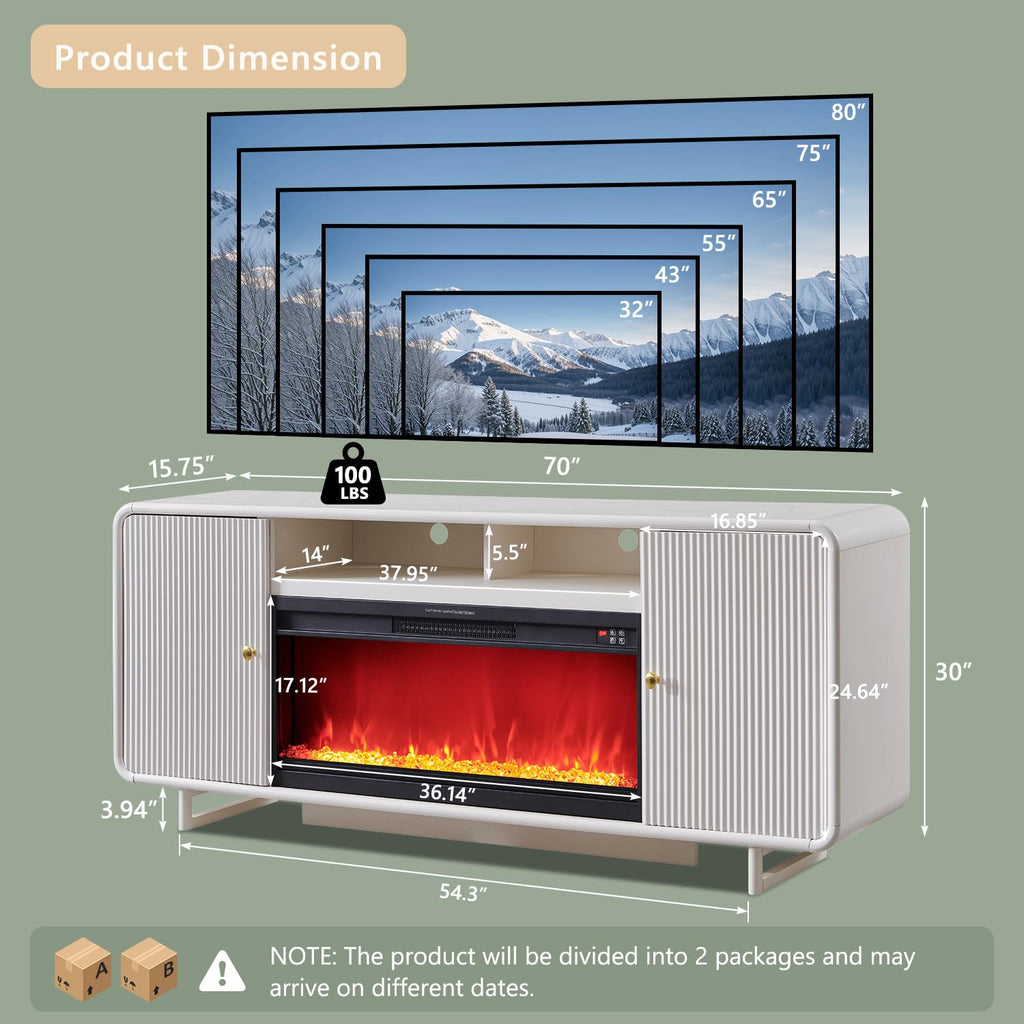 70" Modern Fireplace TV Stand w/36'' Electric Fireplace, Antique White