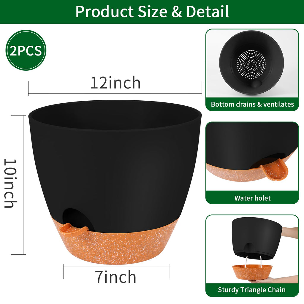 12 Inch Self Watering Planters, 2 Pack, Black