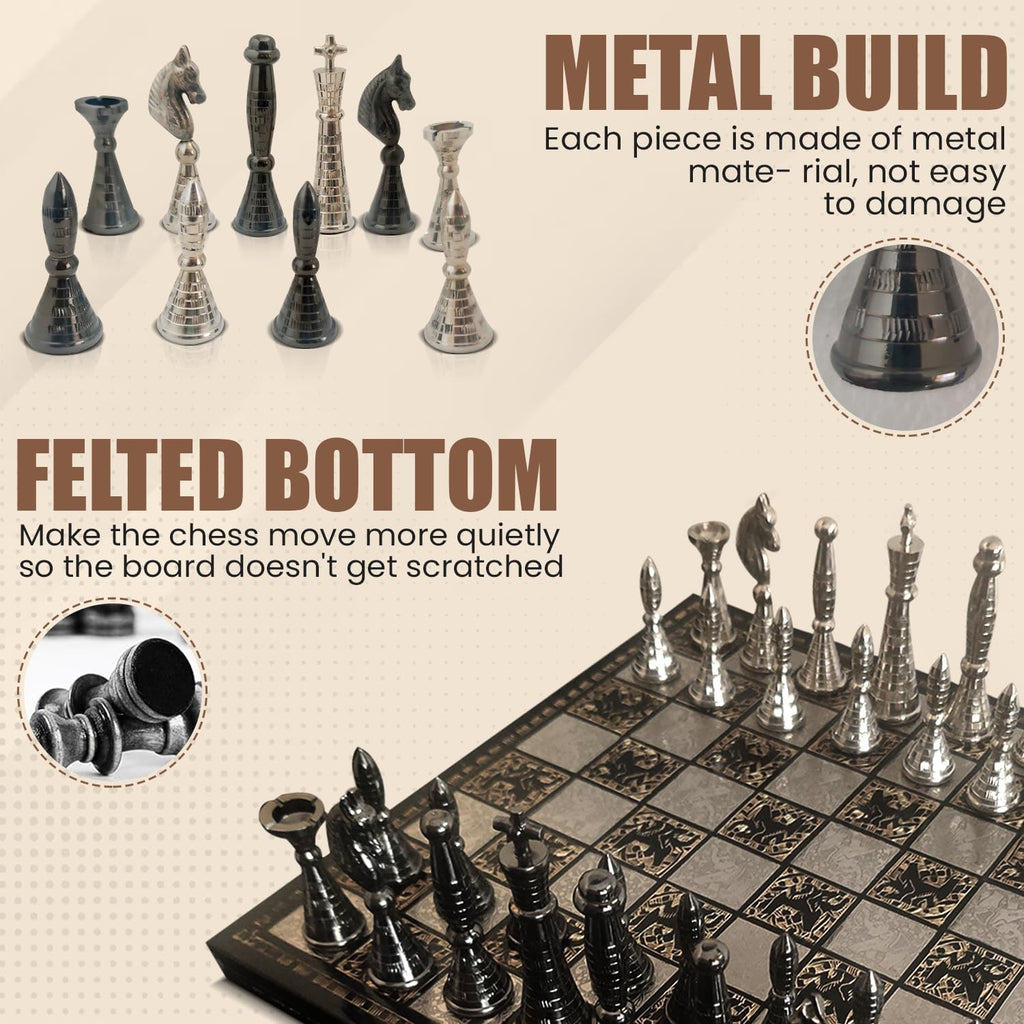 Collectible Metal Brass Chess Set Tribal Warli Art in Leather Storage Box. (12 X 12 in)