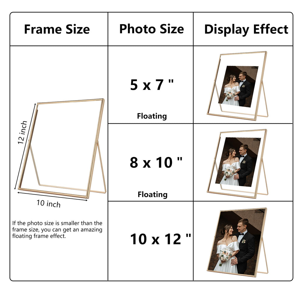 Gold 10x12 Floating Frame 2-Pack for Photo Sizes(7x9''8x10'', 8.5x11''), Adjustable Tabletop/Shelf Floating Picture