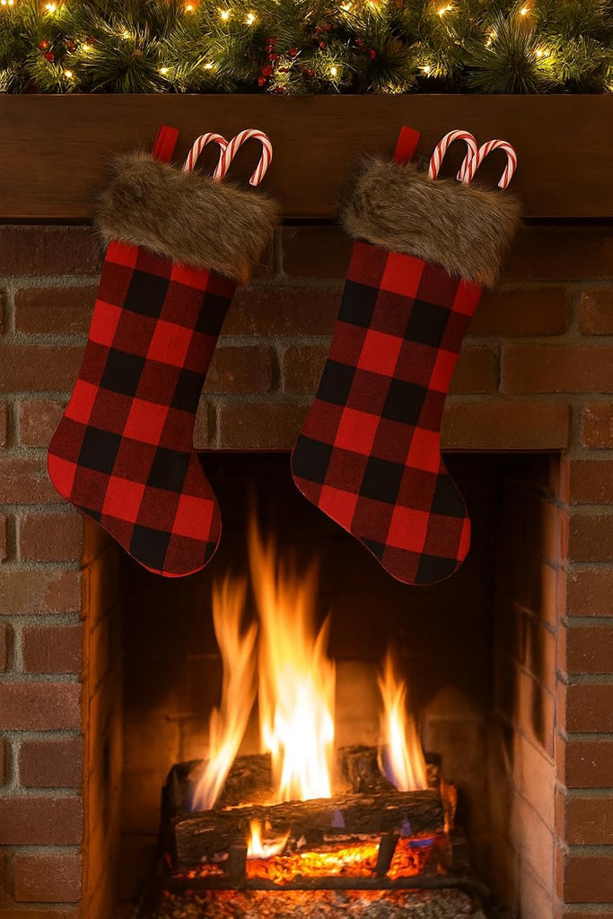 Christmas Stockings Red and Black Buffalo Plaid Check Faux Fur Trim 16 Inch x 8.5 Inch Set of 2 Holiday Decor Festive