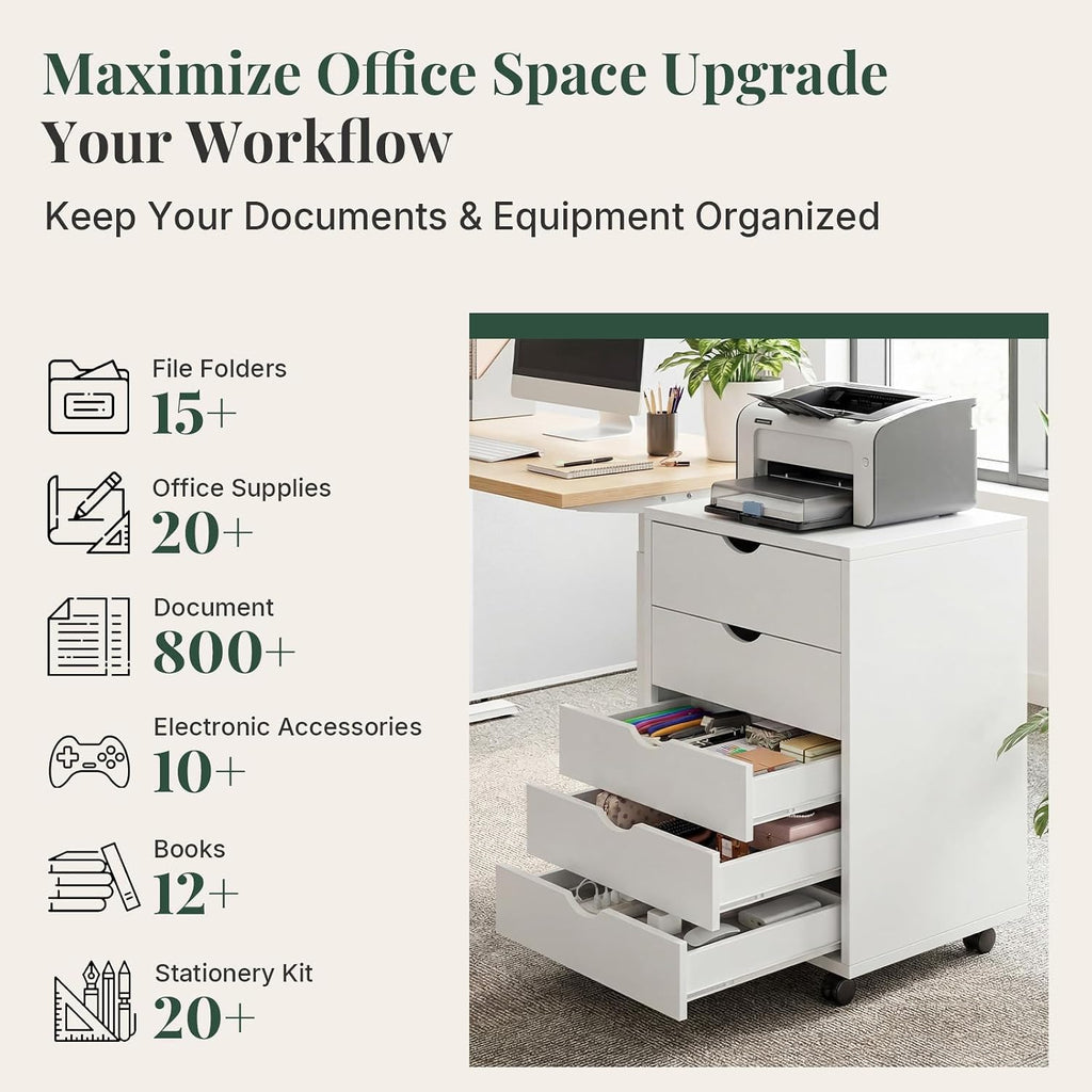 5 Drawer Mobile File Cabinet, Printer Stand with Wheels | Wood Under Desk Storage Cabinet, Rolling Printer Cart