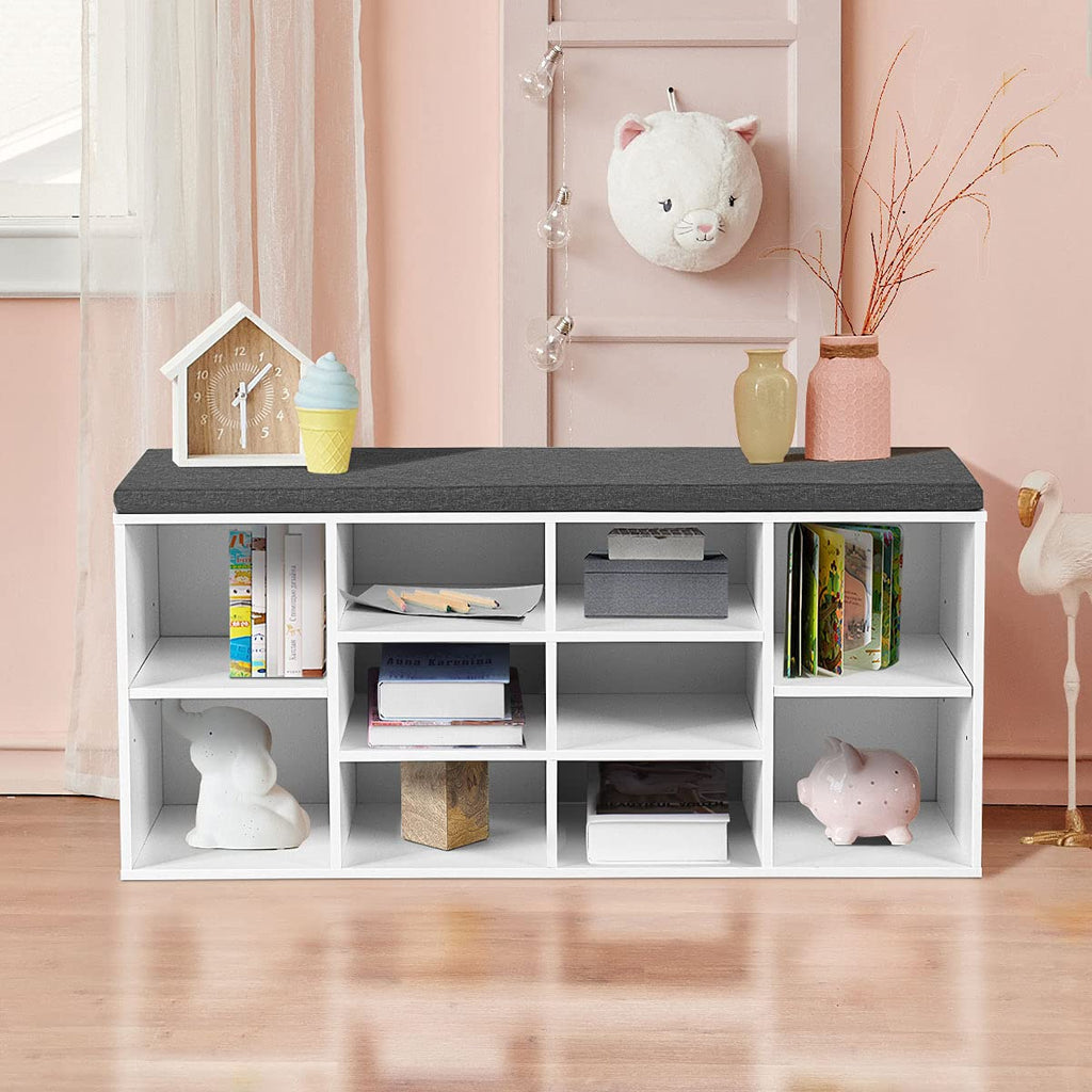 Shoe Storage Bench with Cushion, Entryway Shoe Rack Bench, Adjustable Shelves, 10-Cubbies Shoe Organizer Bench